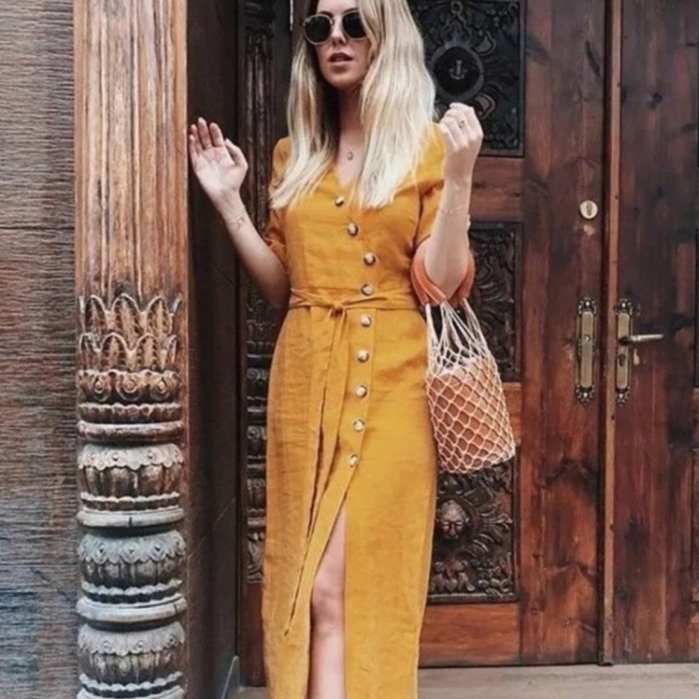 Zara TRF linen mustard shirt dress